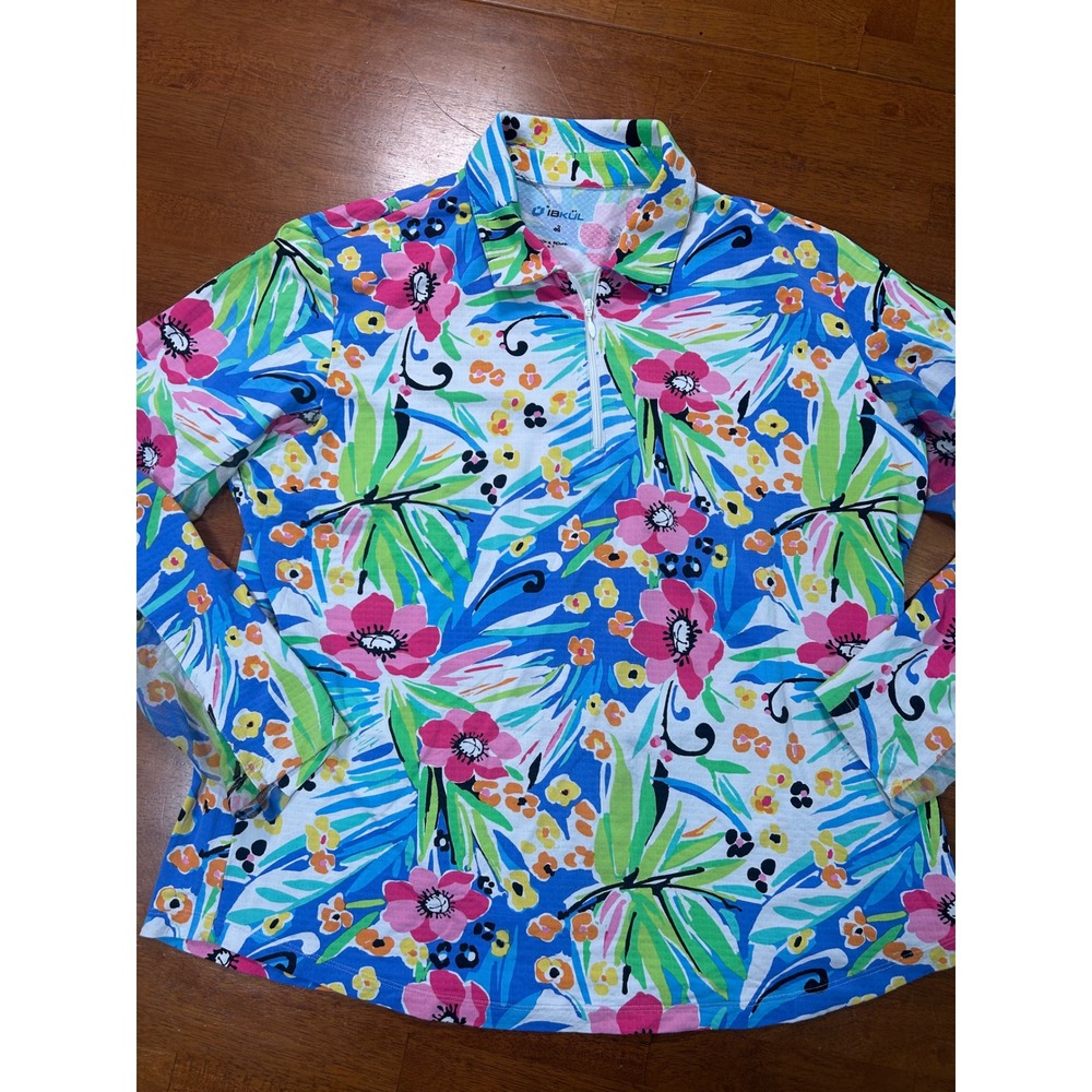IBKUL Sun Shirt Womens XL Blue Floral Long Sleeve 1/4 Zip Mock Neck Top